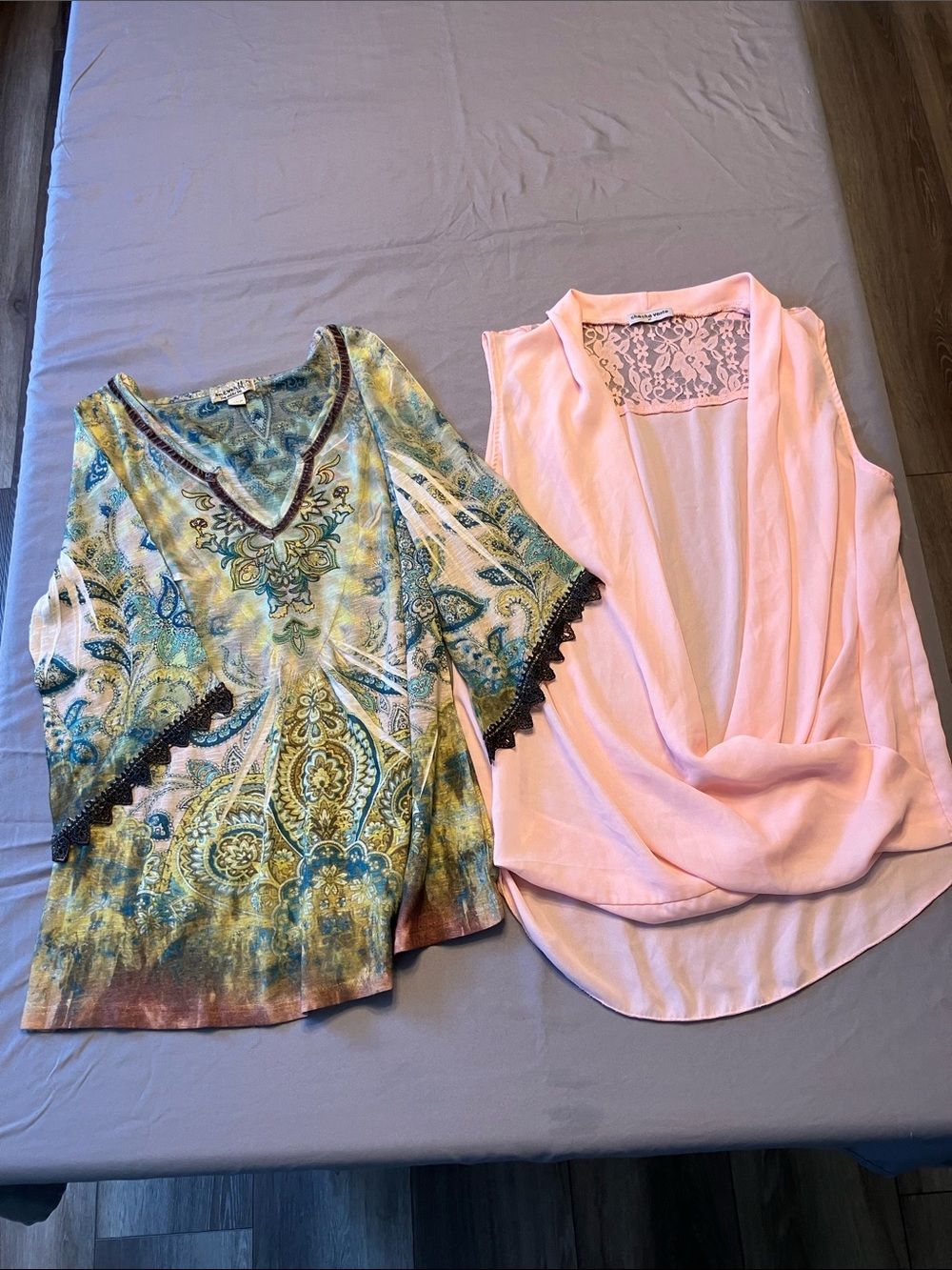 Light Pink Lace-Back Drape Front Sleeveless Tunic and Multi  Colored Tunic